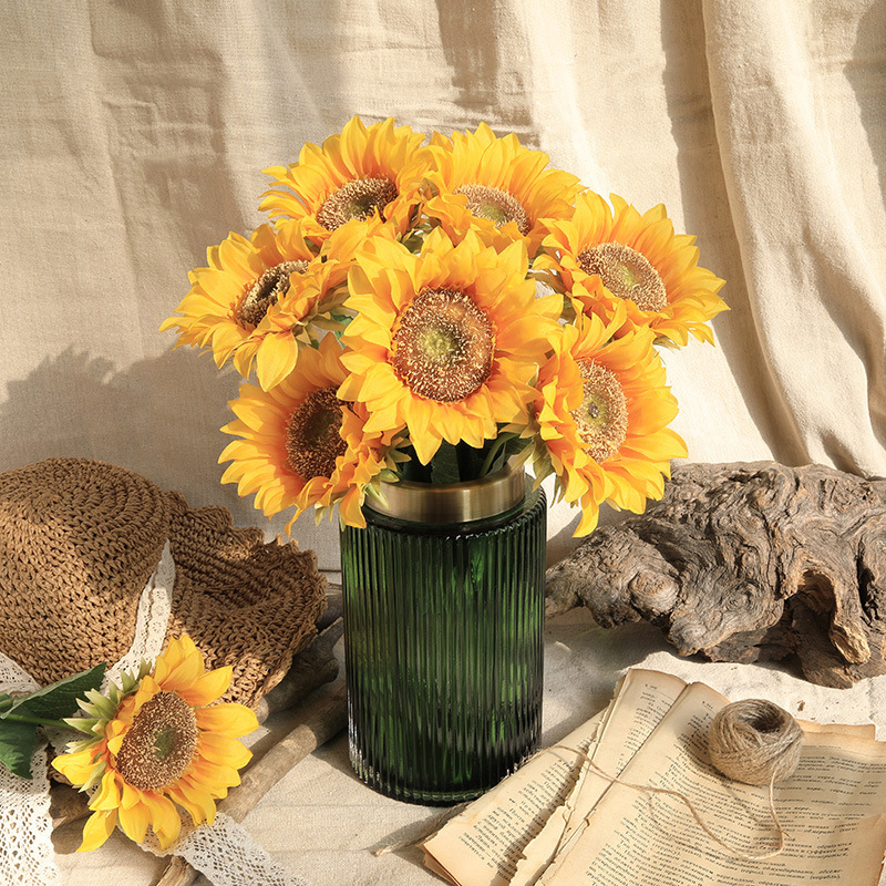 Girasol de 3 cabezas flor artificial ramo de girasol de una sola cabeza decoración de la boda en casa floral flocado Rod girasol