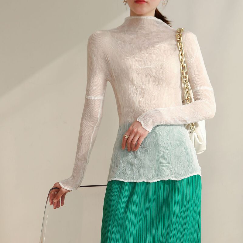 Factory Direct Supply 2024 Autumn and Spring New Classy Pleated Transparent Bottoming Shirt Super Elastic Slim Age-Reducing Thin T-Shirt