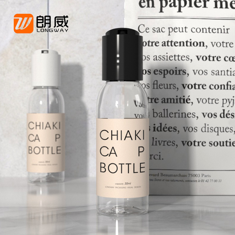 Langwei 30ml hombro redondo transparente PET sub-embalaje pequeña botella cosmética portátil puro Rocío plástico presionando mil otoño cubierta botella