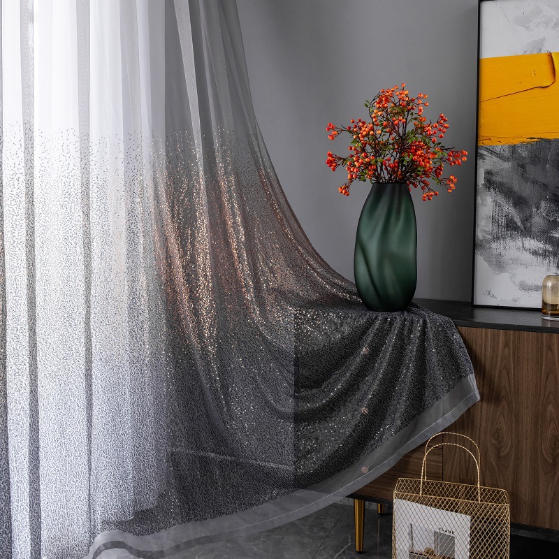 Foreign Trade New Nordic Style Light Luxury Window Screen Finished Embroidered Yarn Bright Bead Curtain Yarn Grey Yarn Curtain Transparent Cross-Border