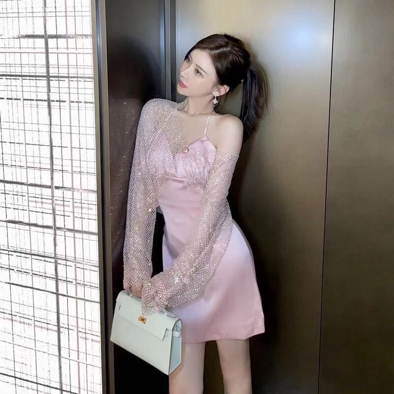 2025 Spring/Summer Rhinestone Mesh Top Pink Camisole Party Mini Dress Two-Piece Set Sexy Hot Girl