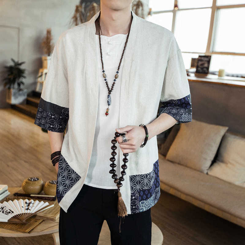 2024 Summer Men's Mid-Sleeve Shirt Kimono Cardigan Han Dynasty Shirt Quarter Sleeve Thin Loose Taoist Robe Chinese Style 2024 Summer Men's Mid-Sleeve Shirt Kimono Cardigan Han Dynasty Shirt Quarter Sleeve Thin Loose Taoist Robe Chinese Style