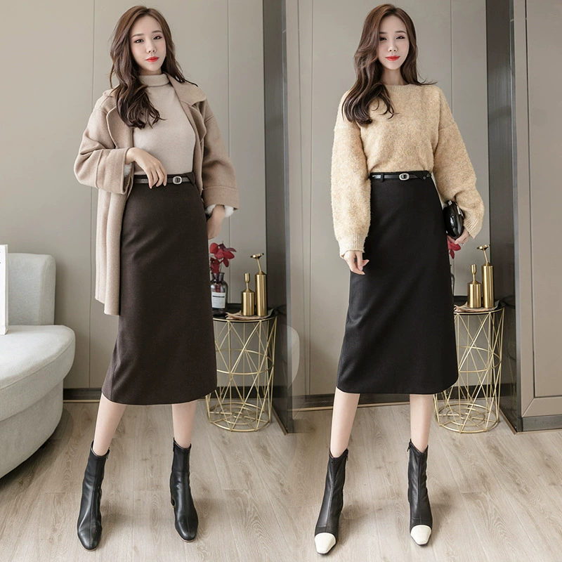 Шерстяная юбка миди на зиму 2025 года, с завышенной талией, ниже колена, женская юбка-карандаш А-силуэта, шерстяная, стройнящая, длинная юбка