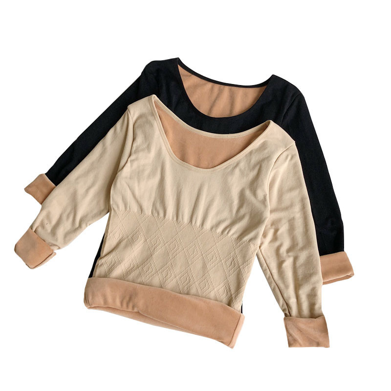 Ropa interior térmica forrada de invierno para mujeres forrada de lana gruesa térmica manga larga cuello redondo camisa de fondo engrosada ropa interior térmica manga larga