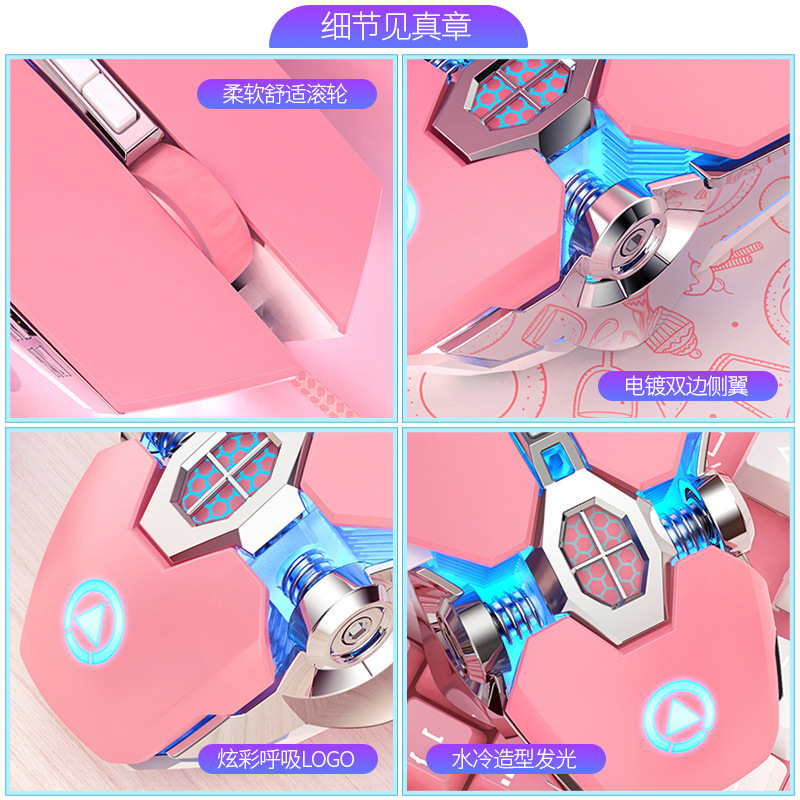 Talla de plata Rosa ratón juego luminoso con cable chica lindo Mecánico Eléctrico competencia macro mudo Accesorios de ordenador amazon