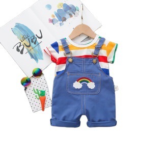 Summer new casual version of children's baby short-sleeved suit large striped round neck short-sleeved rainbow suspender shorts two pieces