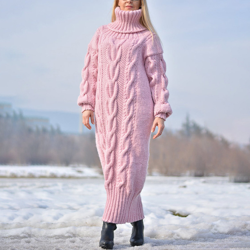 Transfronterizo europeo y americano otoño e invierno nuevo color sólido jersey de cuello alto retorcido suéter de punto suelto temperamento suéter vestido de viajero