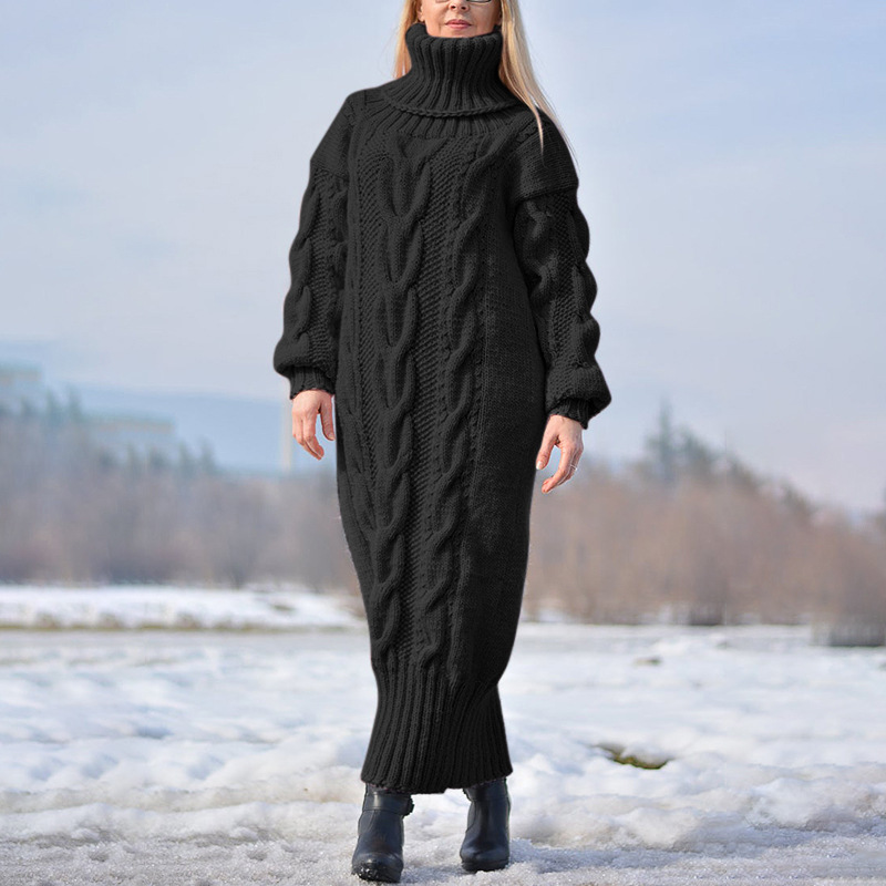 Transfronterizo europeo y americano otoño e invierno nuevo color sólido jersey de cuello alto retorcido suéter de punto suelto temperamento suéter vestido de viajero