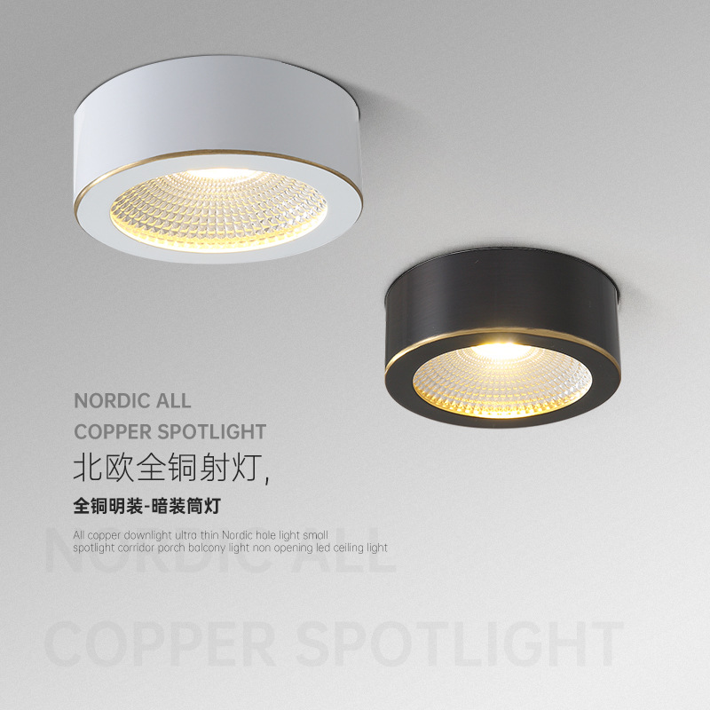 Todo-cobre superficie montada downlight Nordic LED ultra-Delgado agujero de techo de luz incrustado tienda de ropa pasillo techo Spotlight