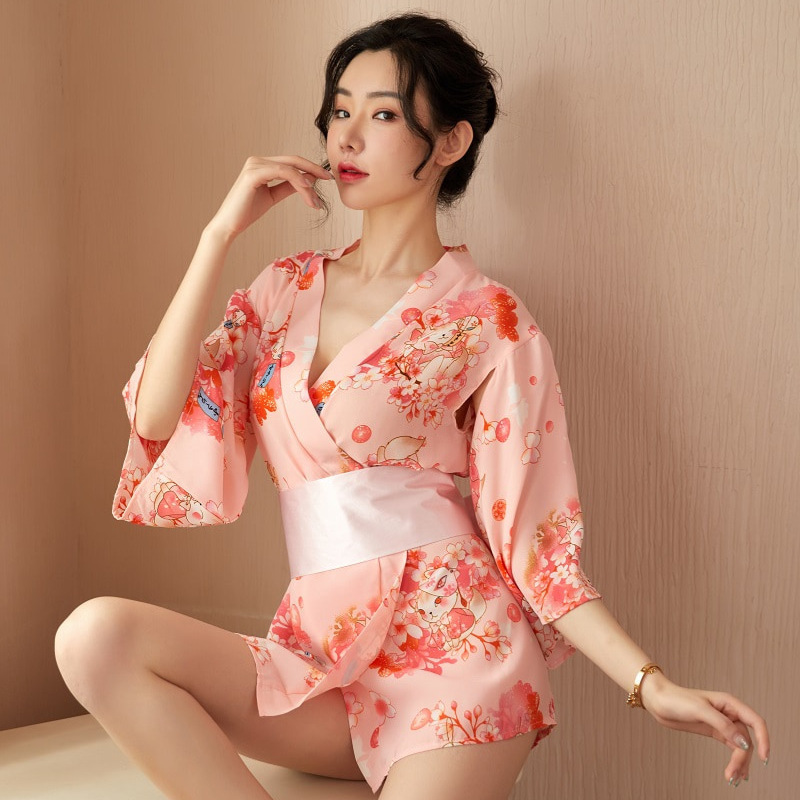 Sexy Underwear Retro Printed Cardigan Kimono Hollow Sleeve Sexy Waist Passion Uniform Temptation Japanese Bathrobe