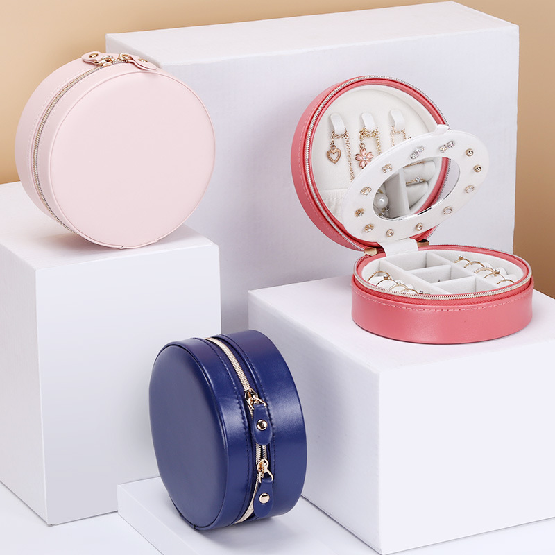 New style Casserole round portable jewelry box, PU leather, sweet and fresh, zipper, earring, necklace, ring storage box