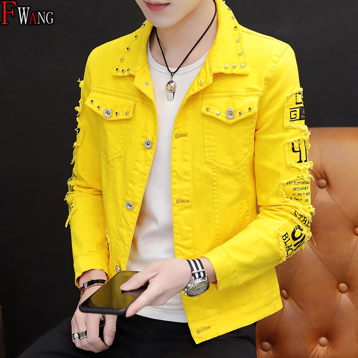 2020 Spring and Autumn Personalized Denim Jacket Men's Korean Style Ripped Denim Jacket Trendy Social Boy Rivet Jacket 2020 Spring and Autumn Personalized Denim Jacket Men's Korean Style Ripped Denim Jacket Trendy Social Boy Rivet Jacket