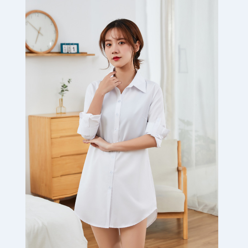 Factory Direct Sales White Shirt Women's Mid-Length Long-Sleeved Loose Boyfriend Style Pajamas Sun Protection Clothing Large Size Top