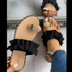 2024歐美亞馬遜菠蘿珍珠涼拖鞋女外貿大碼平底套趾涼拖速賣通