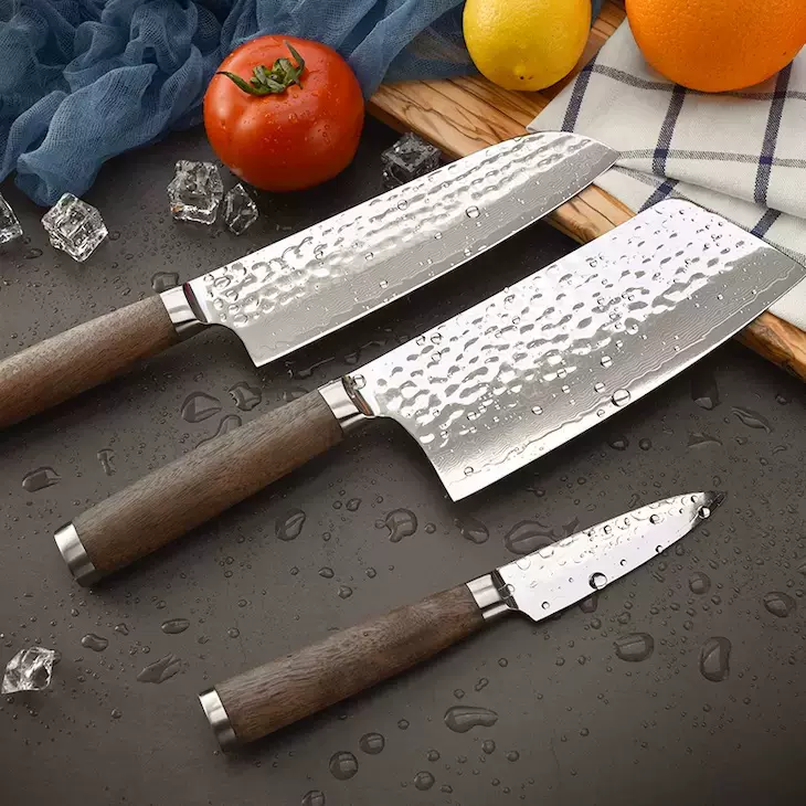 锻打锤纹大马士革刀具3件套装 家用厨房木柄切肉片刀不锈钢厨师刀