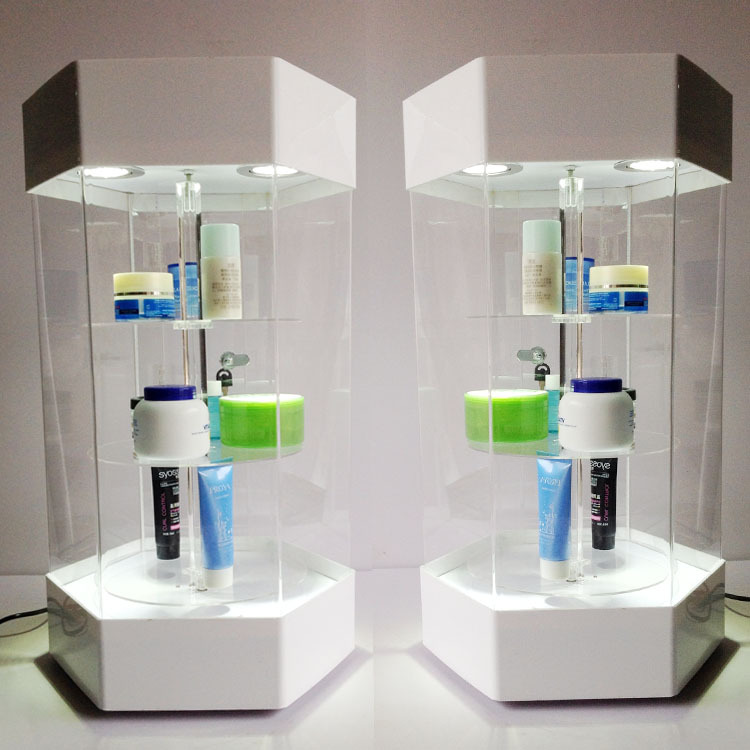 Vitrina de Exhibición Giratoria de Acrílico y Vidrio para Muestras y Joyas en Centro Comercial