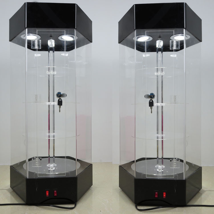 Vitrina de Exhibición Giratoria de Acrílico y Vidrio para Muestras y Joyas en Centro Comercial