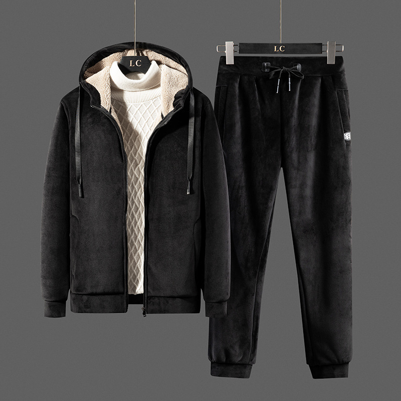 Herrenbekleidung Silberfuchs Fleece Paar Pullover Anzug Herren plus Samt verdickt Gold Seide Sportbekleidung Herbst und Winter Lamm Fleece zweiteiliger Anzug_voghion.com