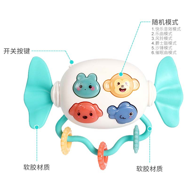 Caramelo sonajero bebé educación temprana iluminación suave goma caramelo sonajero con música bebé juguete coaxial