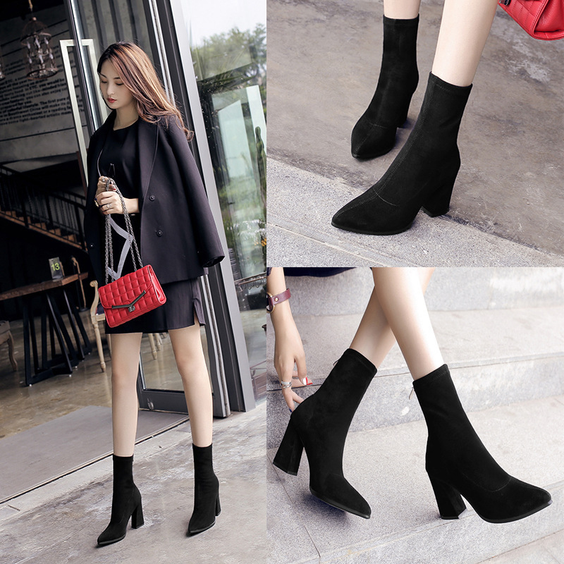 Botas cortas de mujer Otoño e Invierno Nuevas botas elásticas de invierno botas finas de tacón grueso botas de moda de estilo británico de verano para mujer