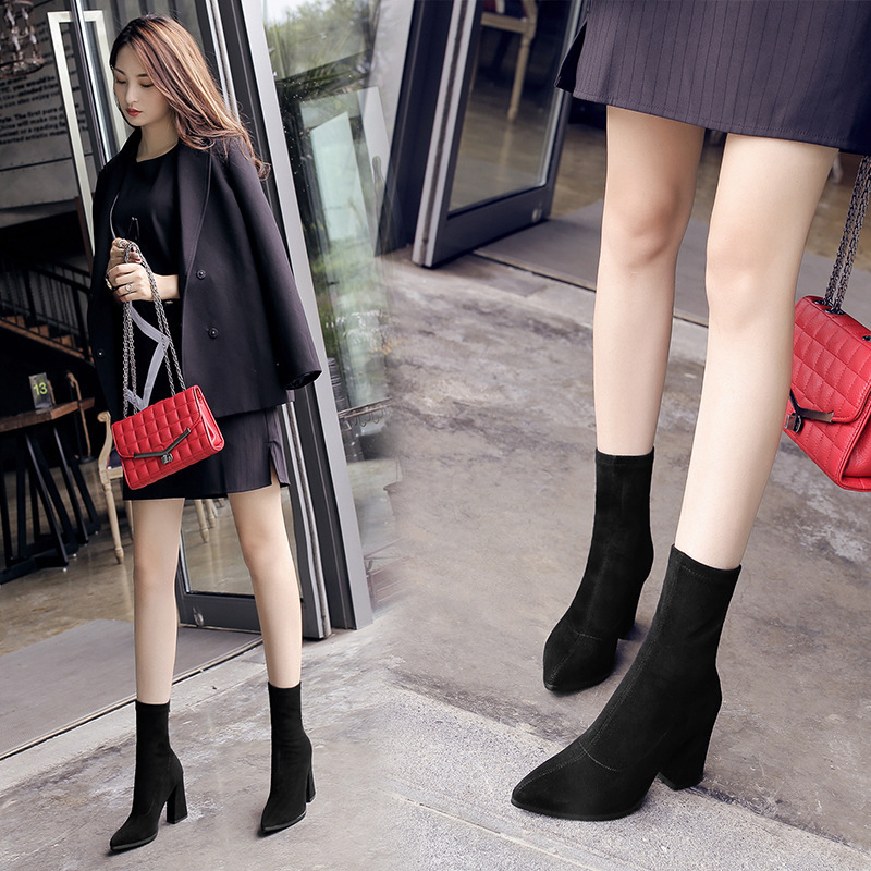 Botas cortas de mujer Otoño e Invierno Nuevas botas elásticas de invierno botas finas de tacón grueso botas de moda de estilo británico de verano para mujer