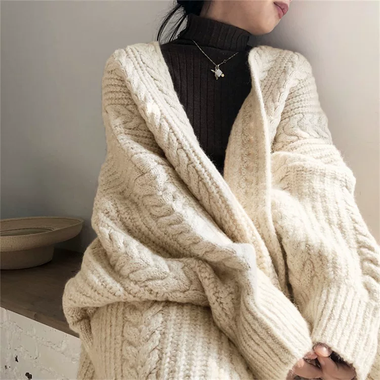 Long Cable-Knit Cardigan, Retro Demi-Season, Oversized, One Size