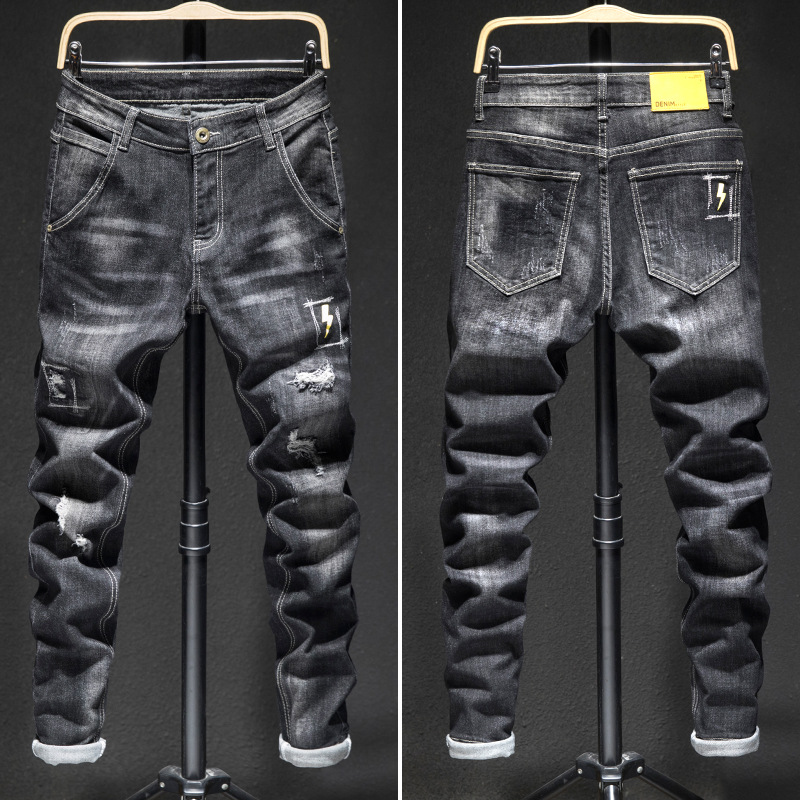 Embroidered Jeans Men's Korean-style Slim-fit Stretch Trendy Pants with Ripped Patch Distinctive Trendy Brand Men's Long Pants
