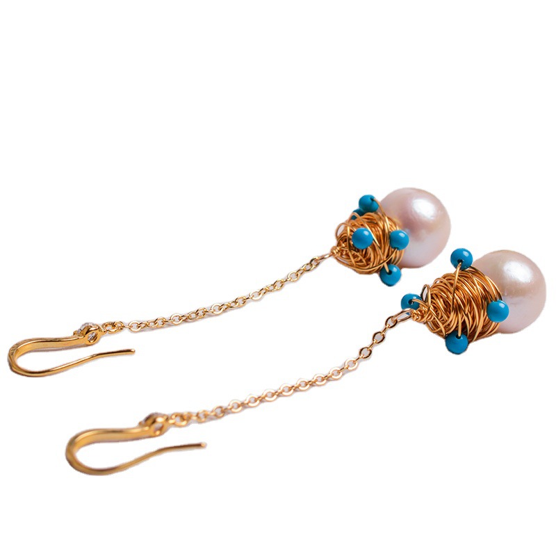 Pendientes vintage barrocos de perla de río con turquesa y oro_voghion.com