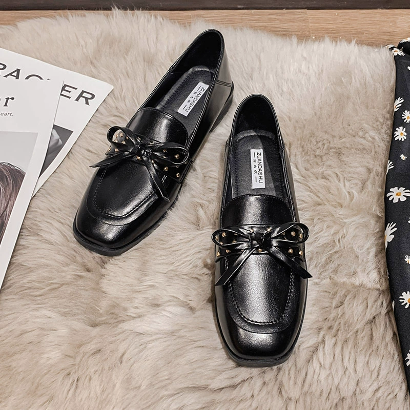 Мокасины женские 2024 новые универсальные кожаные туфли в британском стиле однослойные туфли с бантом весна-осень зима мягкая кожа 41-43