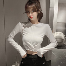 圆领打底衫女内搭新款下摆褶皱露脐白色高腰长袖上衣一件代发246