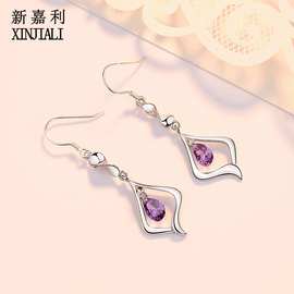 925纯银柔情似水耳环女几何宝石耳饰批发银饰生日礼物首饰品夏季