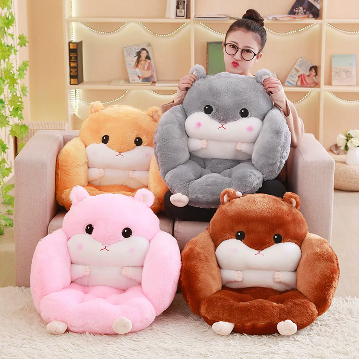 Semi-Enclosed Hamster Plush Seat Cushion, 55 × 45 × 40 cm, Anti-Slip Strap Option