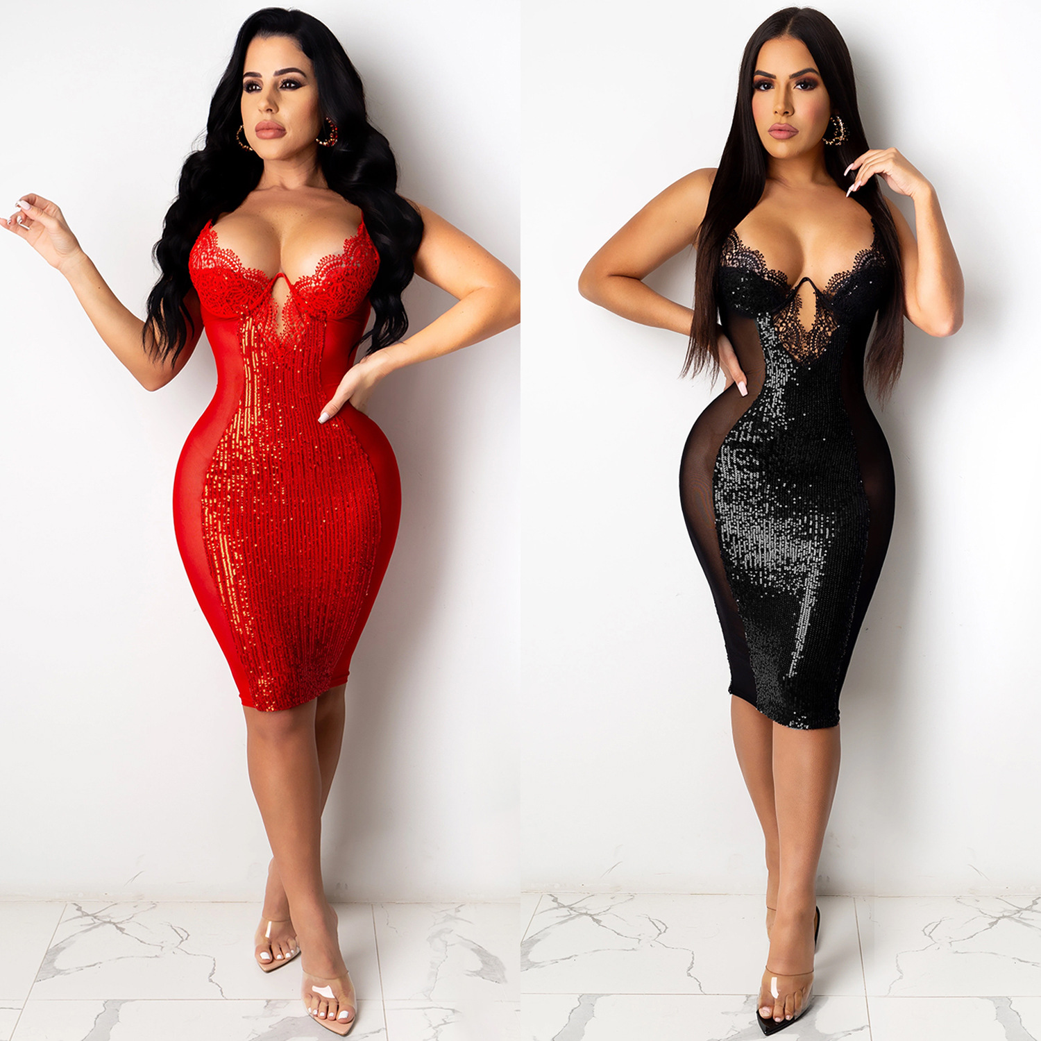 X3899 otoño y el invierno europeo y americano de las nuevas mujeres ropa discoteca sexy Sling vestido Amazon AliExpress lentejuelas encaje