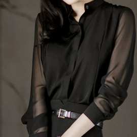 衬衫女长袖2023春夏新款韩版显瘦黑色立领衬衣雪纺透视性感OL上衣
