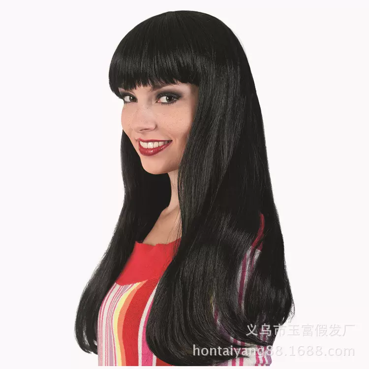 厂家直销 cos假发欧美外贸 女生卷发假发批发 黑色齐刘海 长直发