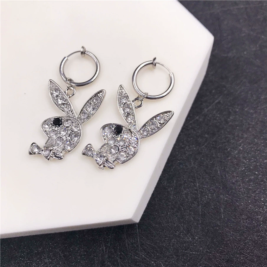 Кролик клип-уши серьги, нержавеющая сталь, кристалл из rhinestone, панк-хип-хоп стиль, без прокола