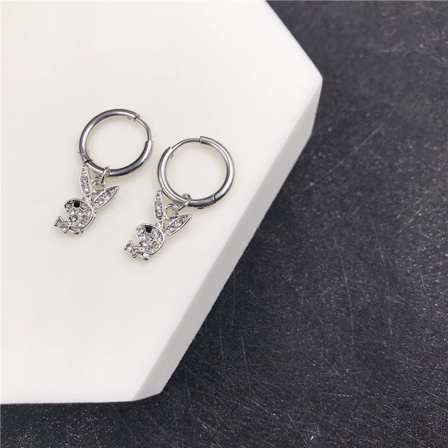 Кролик клип-уши серьги, нержавеющая сталь, кристалл из rhinestone, панк-хип-хоп стиль, без прокола