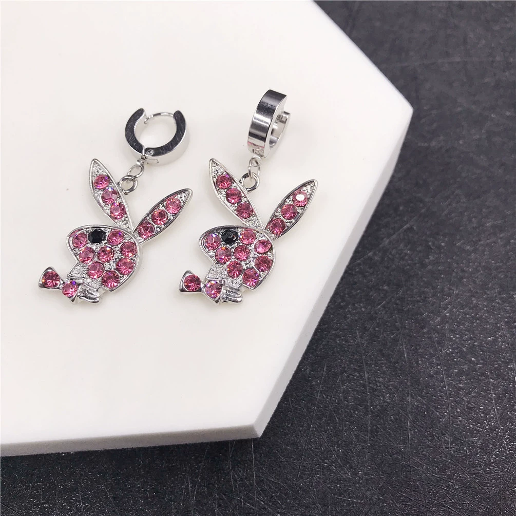 Кролик клип-уши серьги, нержавеющая сталь, кристалл из rhinestone, панк-хип-хоп стиль, без прокола