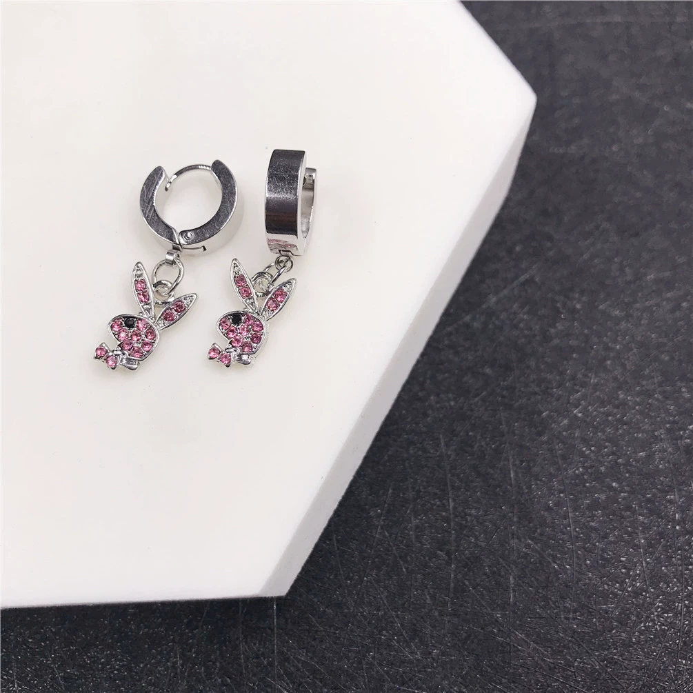 Кролик клип-уши серьги, нержавеющая сталь, кристалл из rhinestone, панк-хип-хоп стиль, без прокола