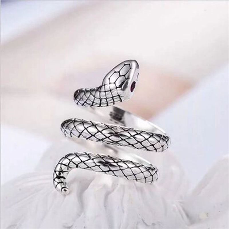 电镀S925纯银复古做旧蛇形戒指小蛇缠绕指环开口调节男女朋克饰品