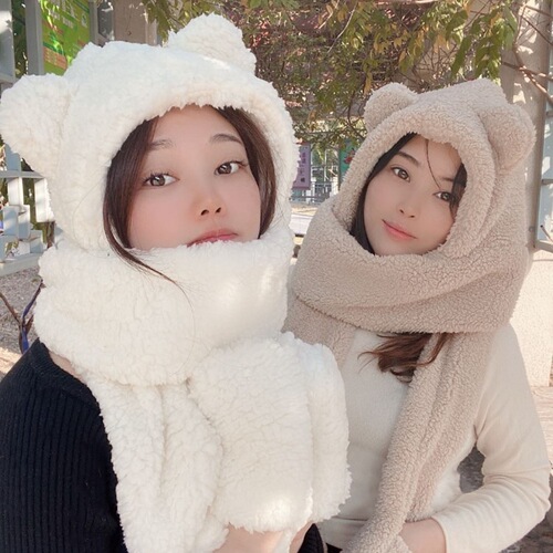 Winter New Warm Thick Fleece Plush Rabbit Ear Animal Hat Gloves Scarf Bear Set Hat Factory