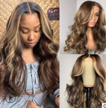 Women's Middle-Part Long Curly Hair Cross-Border New Arrival Gradient Big Wave Synthetic Fiber Rose-Color Network Full Head Wig with Highlights, Ideal for European and American Styles