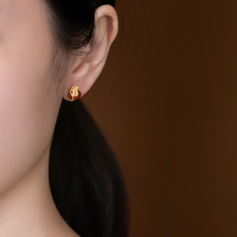 Bông tai bạc S925 mạ vàng đính ngọc bích phong cách cổ điển — Thanh ngọc mẫu tối màu