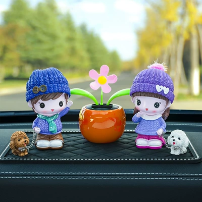 Car Ornaments Cute Resin Dog Walking Couple High-End Family Portrait Creative Sunflower Car Decoration New Style for Women (Car ornaments) - scarf-couple-orange-sunflower-big-diamond-pad