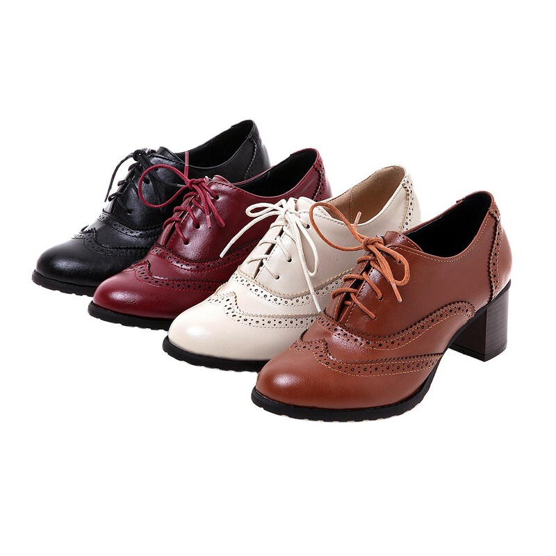 2026 Spring and Autumn Retro Lace-Up Mid-Heel Women's Shoes for Foreign Trade Cross-Border Large Sizes 40-43 Brogue Style
