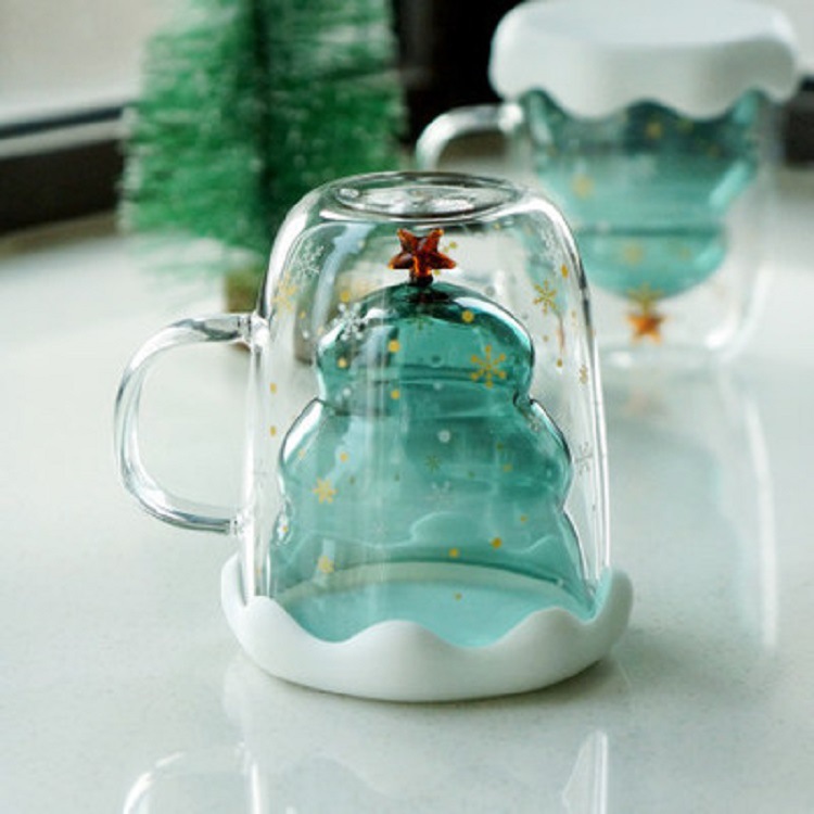 Fábrica al por mayor de vidrio de borosilicato Star Wish Cup taza creativa taza de árbol de Navidad taza de café de marca de oficina de doble capa