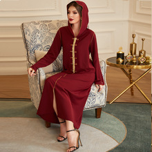 BA305暗红彩兰金色边手缝钻带帽长袍 ABAYA   女装
