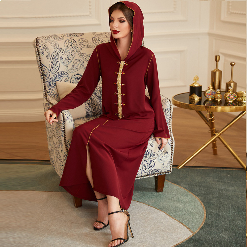 Ba305 Dark Red Color with Gold Trim, Hand-Stitched Rhinestones, Hooded Robe Abaya Women's Clothing