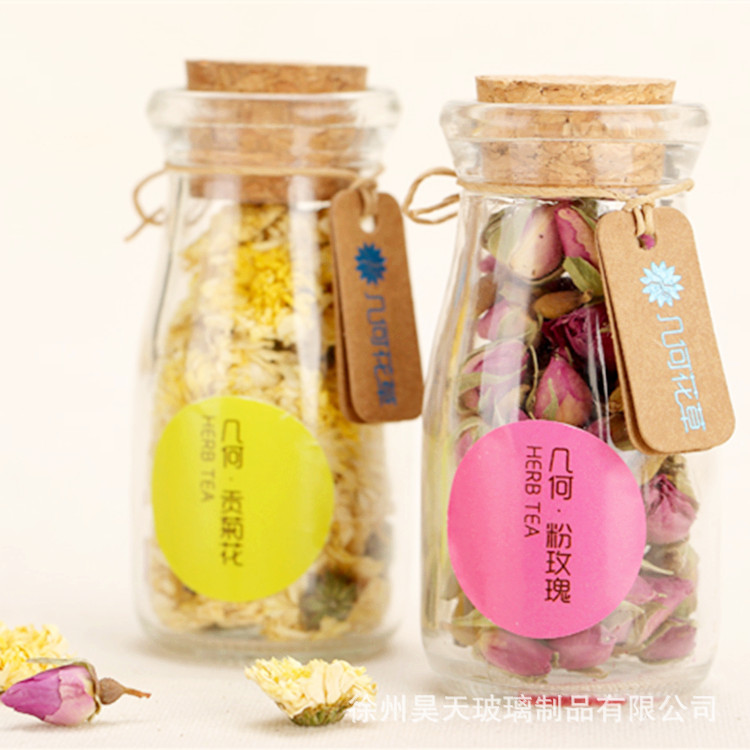 厂家供应 100ml茶叶罐  软木塞花茶瓶子  玻璃喜糖盒子 印刷LOGO