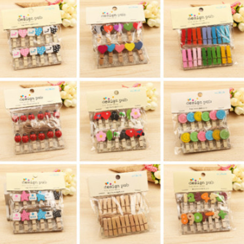 Wooden clip wooden clip small wooden clip home daily photo clip cartoon photo clip hemp rope 12 pack